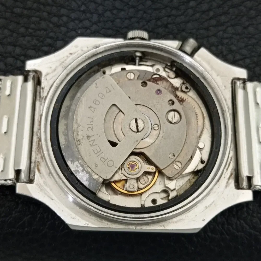 Vintage 1990 Square Orient Automatic Mens Silver Watch W/daydate & Blue accents